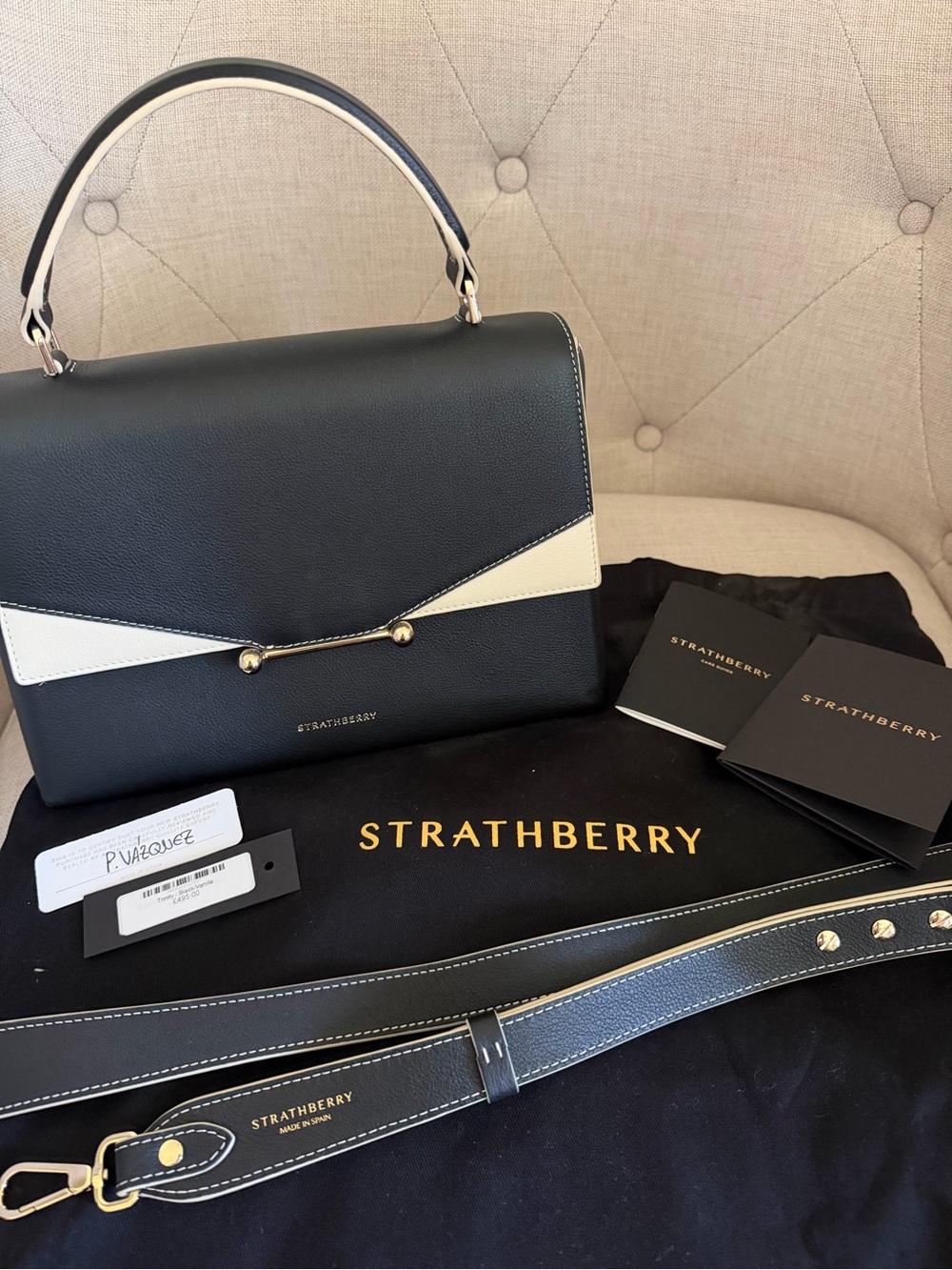 Strathberry Black and White Top Handle Satchel with Gold Hardware - Trinity Bag